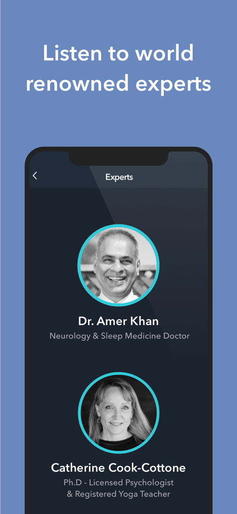 Simple Habit app interface showing a list of world renowned sleep and wellness experts