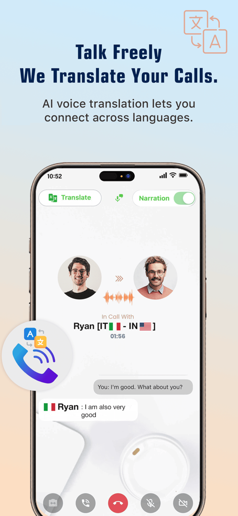 Trulinco: AI Voice Translator - Smartphone displaying the Trulinco app interface for real-time AI voice translation during a call between users speaking different languages
