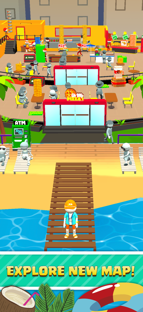 Oh My Pizza - Epic Pizza Games - A character standing on a pier in front of a beach pizza restaurant with explore new map text