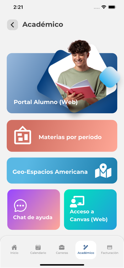 학생 포털, 과목, 도움말 채팅에 대한 링크를 표시하는 UA now 앱의 학업 섹션