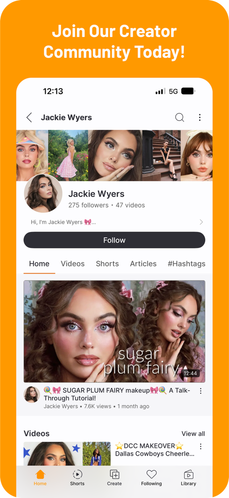 Pagina del profilo di un creator su Gan Jing World con Jackie Wyers, tutorial di trucco e invito a unirsi alla community.