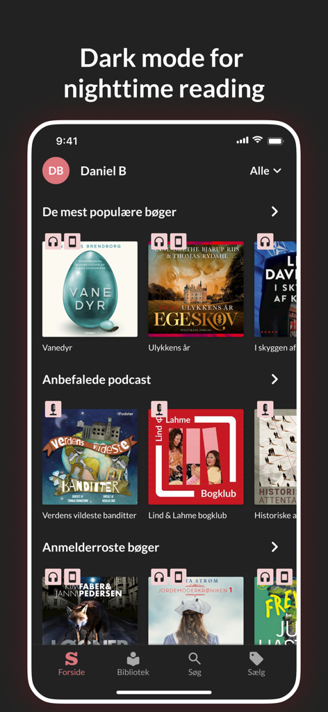 Saxo: Audiobooks & E-books - Interfaccia utente dell'app Saxo in modalità scura con copertine di libri e raccomandazioni di podcast.