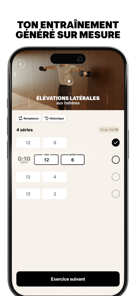Hyper - Ton coach personnel - Pantalla de entrenamiento de la aplicación Hyper de fitness con IA que muestra instrucciones en video y seguimiento del progreso para elevaciones laterales.