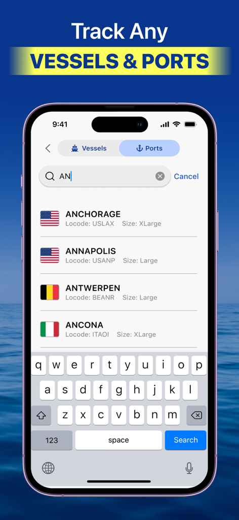 Interface de recherche de l'application Marine Traffic Vessel Finder affichant une liste de ports internationaux, dont Anchorage et Annapolis.