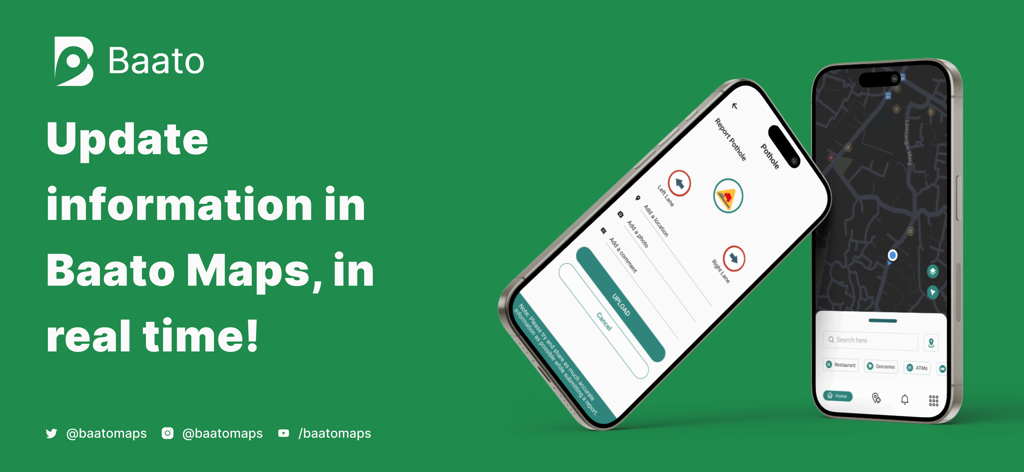 Baato Maps - Baato Maps app interface showing real-time road information reporting and navigation features on smartphones