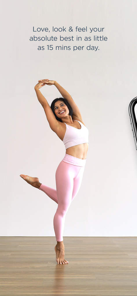 Flow with Mira Pilates - Woman in pink activewear performing a Pilates stretch for a 15-minute home workout session