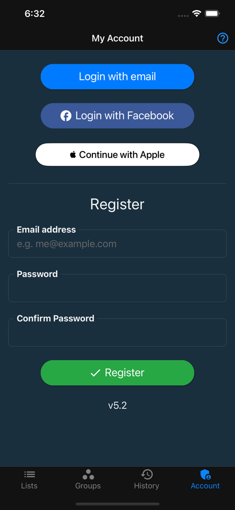 Things To Get Me - Account registration screen for the Things To Get Me app featuring social login and email signup.