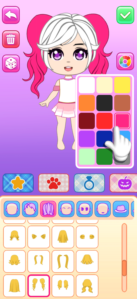 A user selecting a pink hair color for a chibi doll character