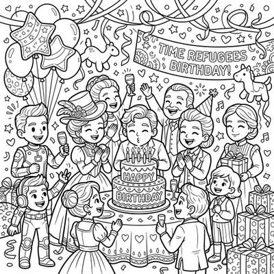 Join the joyous celebration as Time Refugees from across history gather for an unforgettable birthday party. This fun coloring page features diverse characters, festive decorations, and a delicious cake, ready for your creative touch.