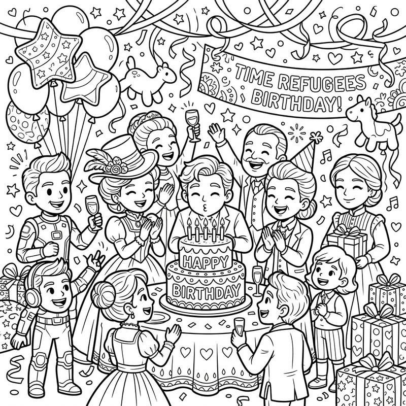 Join the joyous celebration as Time Refugees from across history gather for an unforgettable birthday party. This fun coloring page features diverse characters, festive decorations, and a delicious cake, ready for your creative touch.