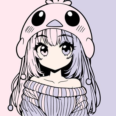 anime girl with chick shaped hat with sweater with bare shoulders with bangs covering them one eye with low tail
