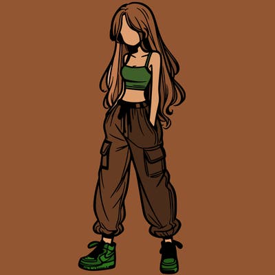 girl in baggy pants crop top and long hair