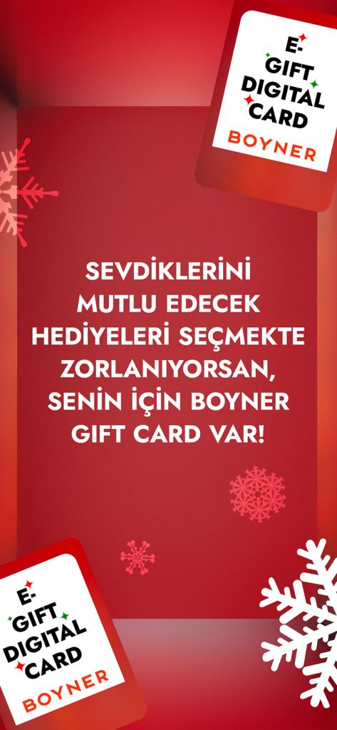 Boyner – Online Shopping - Werbung für Boyner E-Geschenkkarten mit türkischem Text und einem Winter-Schneeflocken-Design.