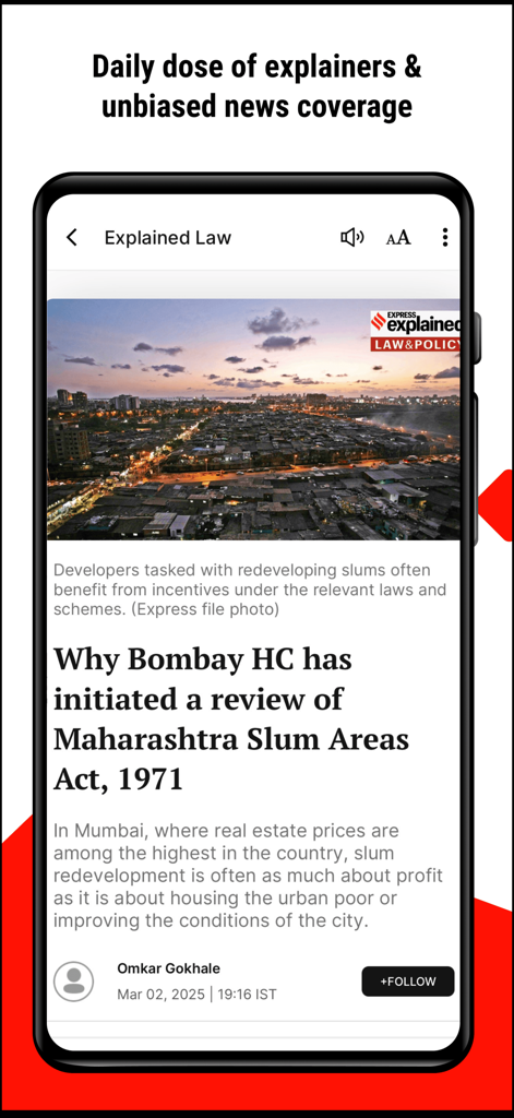 Indian Express News + Epaper - A smartphone screen displaying an analytical article from the Indian Express Explained section about law and policy.