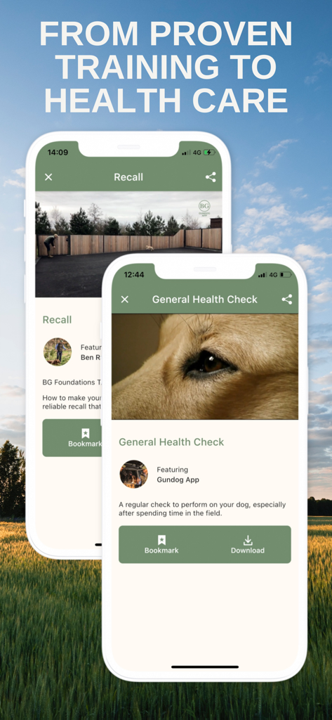 Gundog 앱 화면은 리콜 훈련 및 반려견 건강 검진 비디오를 보여줍니다.