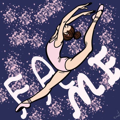 gymnast doing a leap in a leotard with a bent back leg