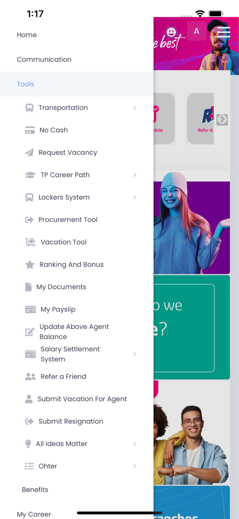 TP Society - Sidebar navigation menu of the TP Society mobile app listing employee tools including payslips and vacation requests
