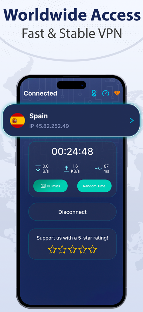 GoVPN: Fast & Secure VPN Proxy - GoVPN app interface showing a secure connection to a Spanish server with real-time speed and ping metrics.