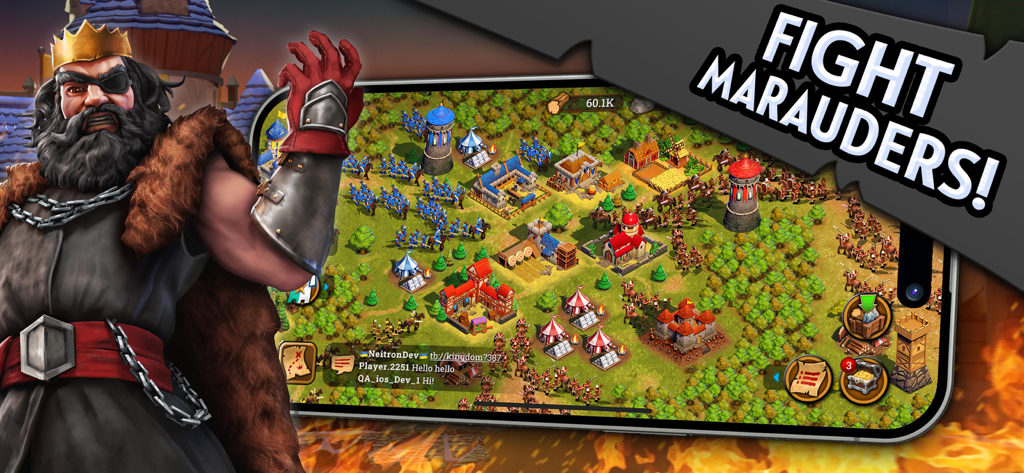 A mobile screen showing a medieval village battle with a crowned marauder character and the text Fight Marauders.