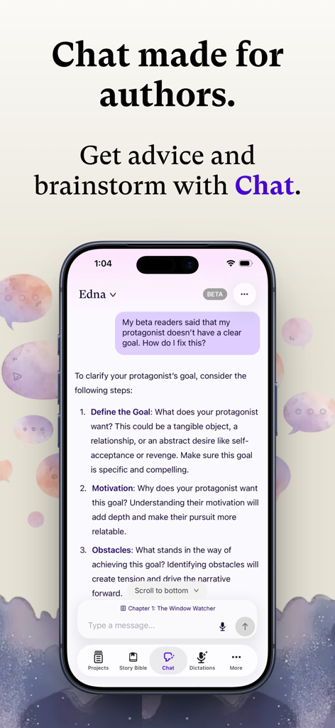 Sudowrite AI chat interface for authors to brainstorm story ideas and character goals
