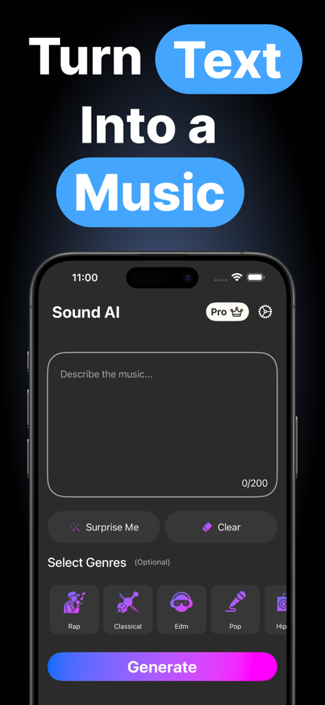 TuneLab AI: Song Generator - TuneLab AI mobile app interface showing a text prompt box and genre selection for creating AI generated music