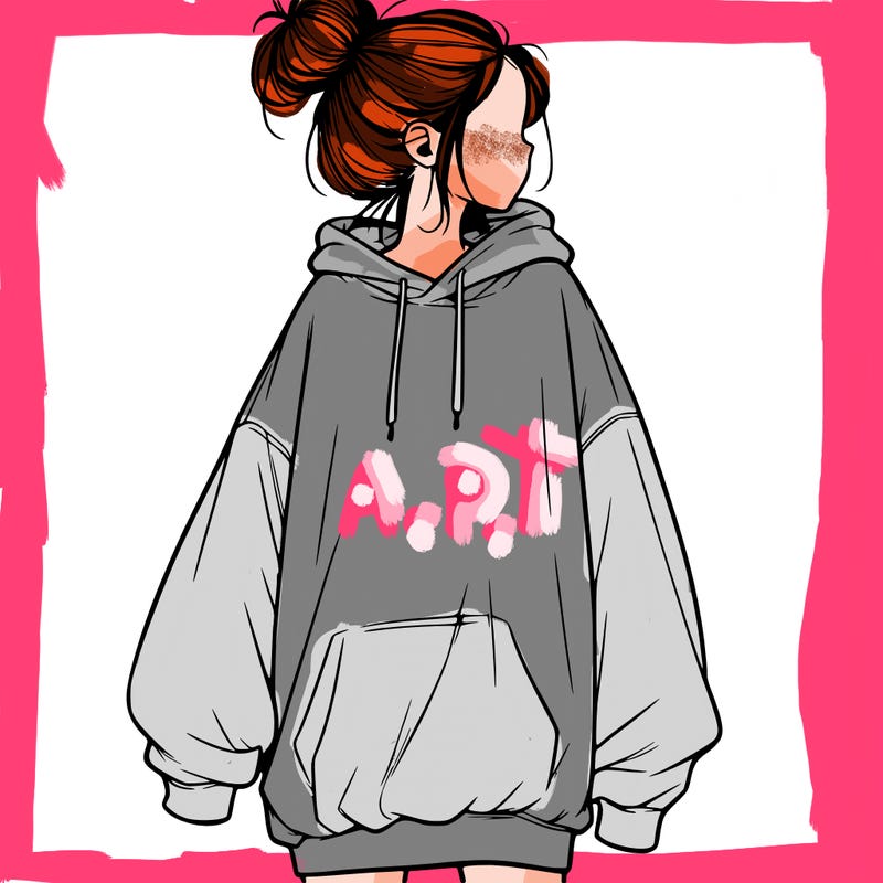 realistic girl with a oversized sweatshirt on and a bun