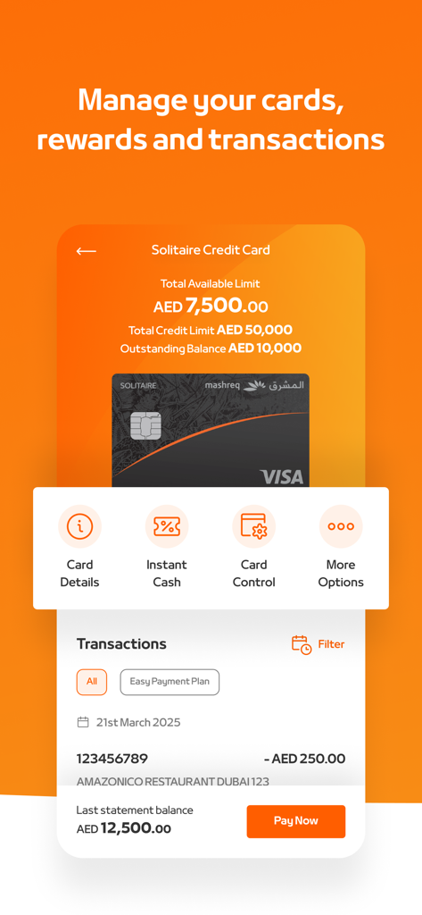 Mashreq UAE mobile app interface showing credit card details available limit and recent transactions