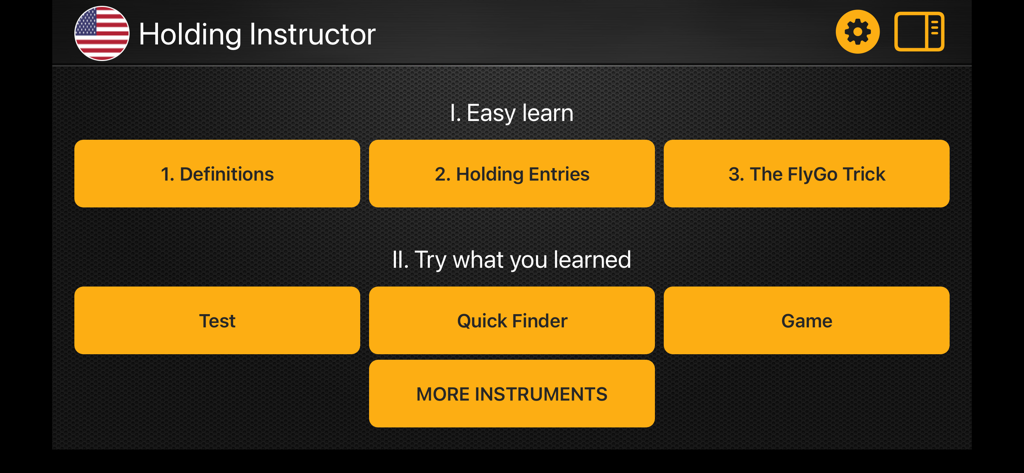 IFR Holding Pattern Trainer - Main menu of the IFR Holding Instructor app with learning and testing modules