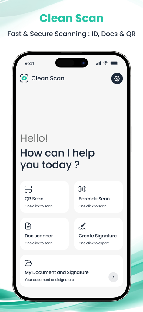 OKEN - CamScanner, PDF scanner - L'écran d'accueil de l'application OKEN montrant les options de numérisation pour les documents, les codes QR et les signatures numériques.