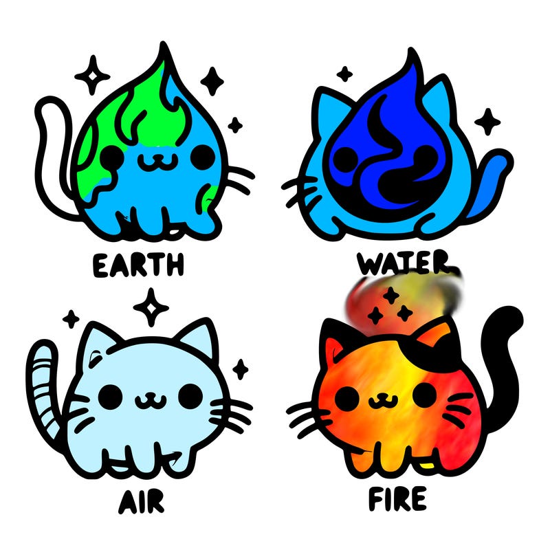 4 cats that represent the different elements, earth, water, air, and fire