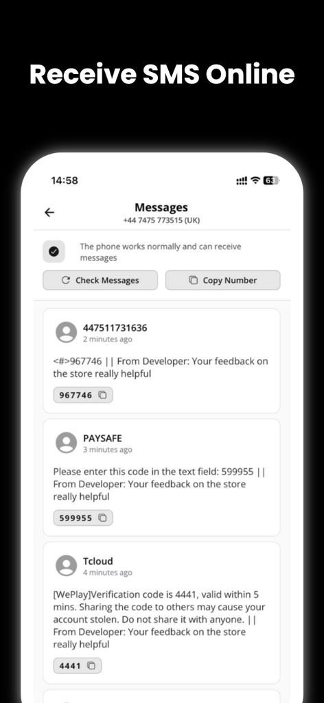 Temp Number - Receive SMS - Temp Number app screen displaying received SMS messages and verification codes.