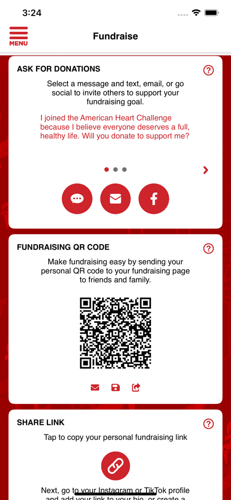 AHA Schools - AHA Schools app fundraising dashboard showing options to ask for donations, a QR code, and a shareable link.