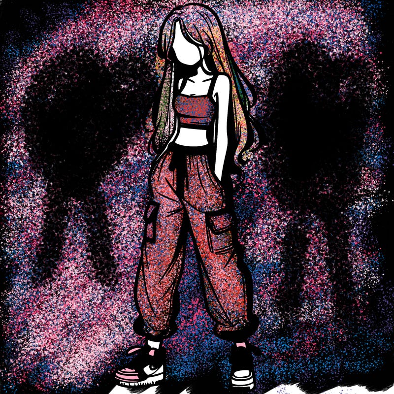 girl in baggy pants crop top and long hair