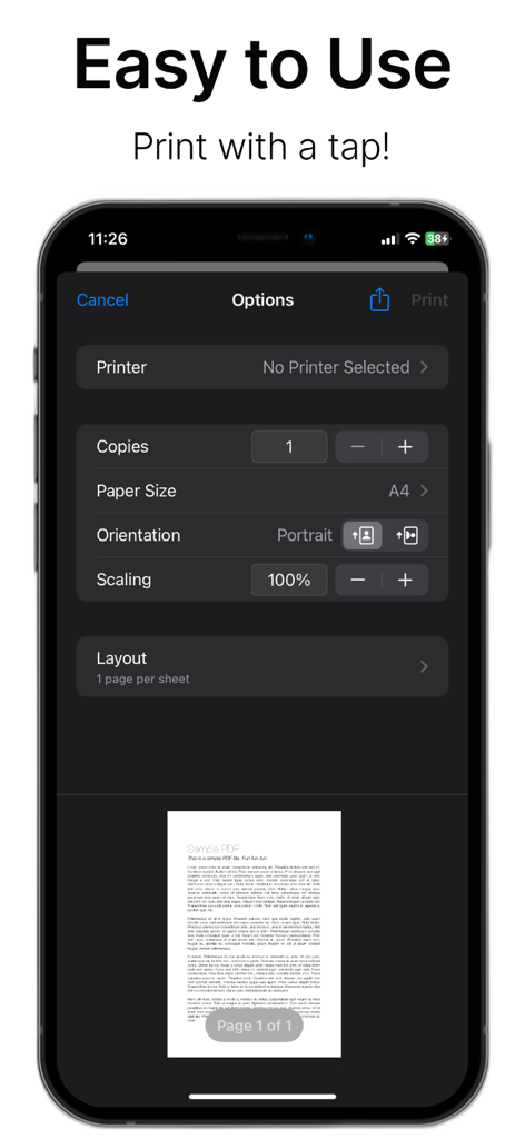 Mobile Print - Printer ePrint - Mobile Print app interface showing print settings like copies, paper size, and orientation on an iPhone