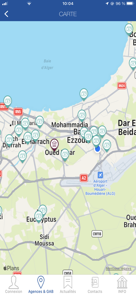 Map view in BaridiMob app showing locations of post offices and ATMs in Algiers
