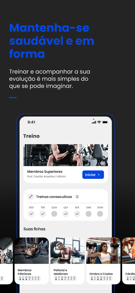 Treino - Tableau de bord de l'application Treino affichant un programme d'entraînement pour le haut du corps et un suivi d'activité hebdomadaire.