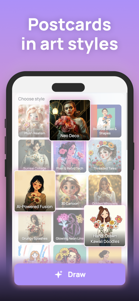 SingMyWish - AI Songs & Poems - Un menú en la aplicación SingMyWish que muestra varios estilos artísticos generados por IA para crear postales y tarjetas de felicitación personalizadas.
