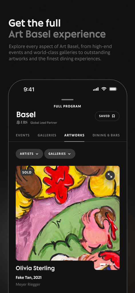 Interface da aplicação oficial da Art Basel apresentando a secção de obras de arte e uma pintura vendida de Olivia Sterling.