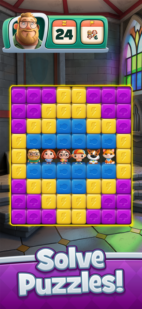 Time Blast: Puzzle Game - A puzzle level in Time Blast showing colorful cubes and the Timesmith family characters