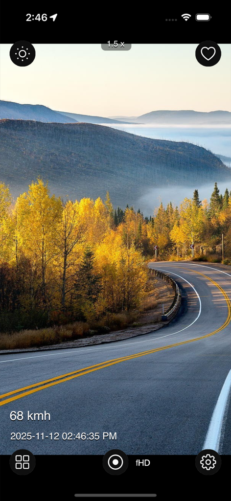 Dash Cam Plus - Dash Cam Plus app recording a scenic drive with speed and time overlays