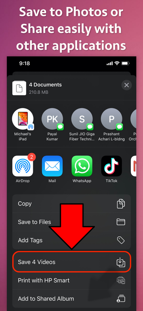 Interface showing options to save split videos to the photo library or share them directly to social media apps like TikTok and WhatsApp