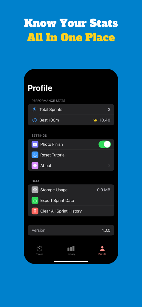 SoloSprint app profile screen displaying performance statistics and settings