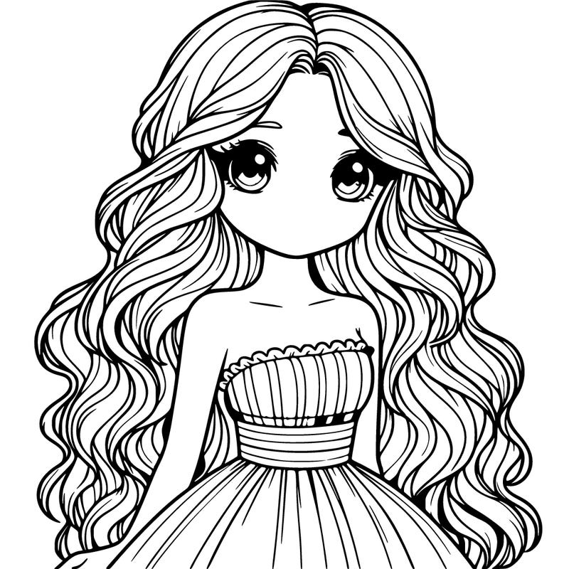realistic cute girl in a dress with long wavy hair