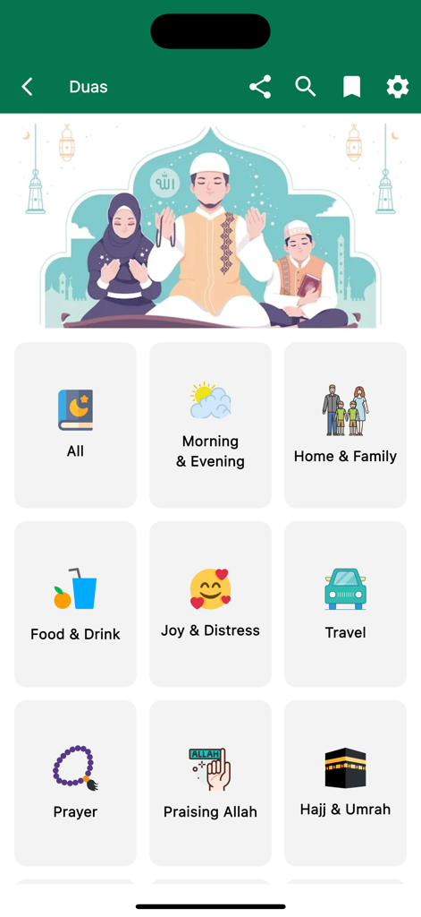 Tawhid: Prayer, Quran, Ramadan - Tawhid app interface showing various dua categories including Morning and Evening, Travel, and Prayer with a family illustration.