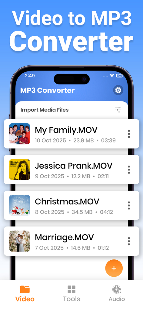 Screenshot dell'interfaccia dell'app Video to MP3 Converter che mostra un elenco di file video MOV importati pronti per la conversione.