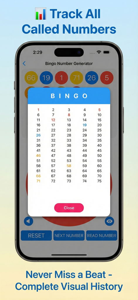 Smartphone display showing a visual grid of called bingo numbers