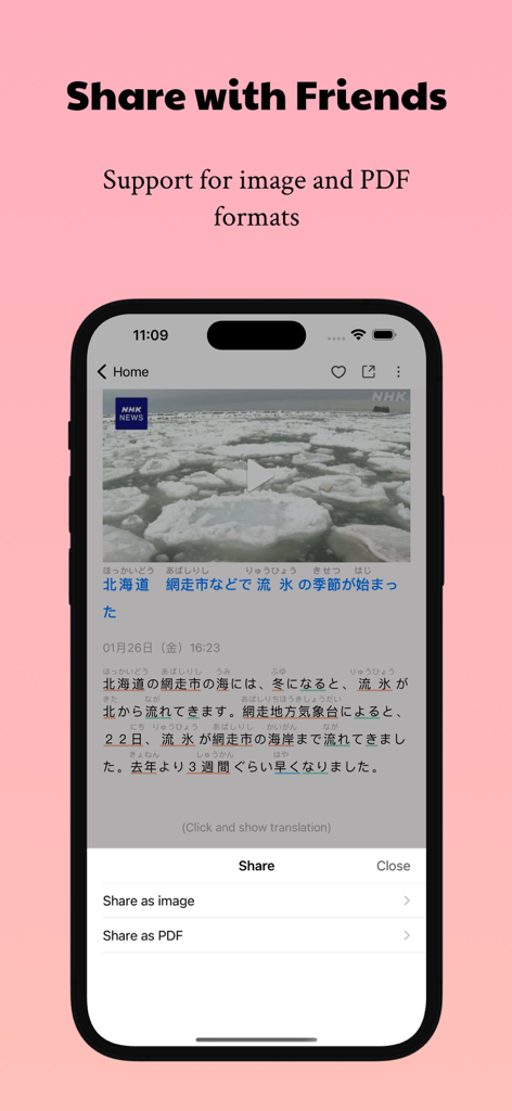 Easy Japanese app screen showing sharing options for news articles as images or PDF documents