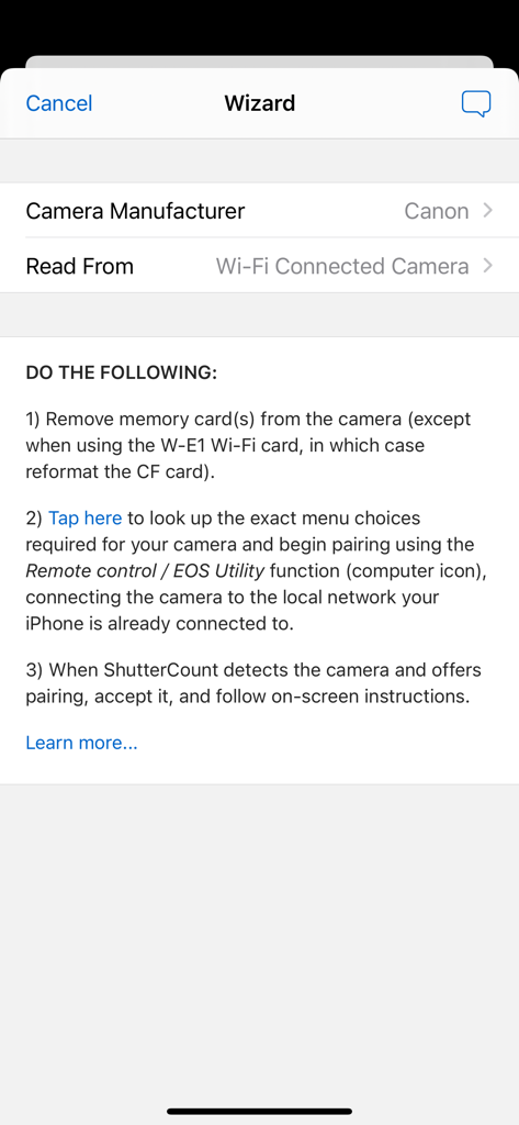 Connection wizard screen in ShutterCount Mobile showing instructions for pairing a Canon camera via Wi-Fi