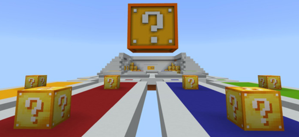 다채로운 트랙과 물음표 블록을 보여주는 마인크래프트 럭키 블록 레이스 맵