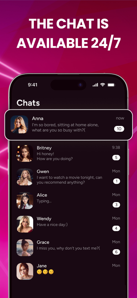 HeyBabe app screen displaying a list of various AI girlfriend chat profiles and active messages.
